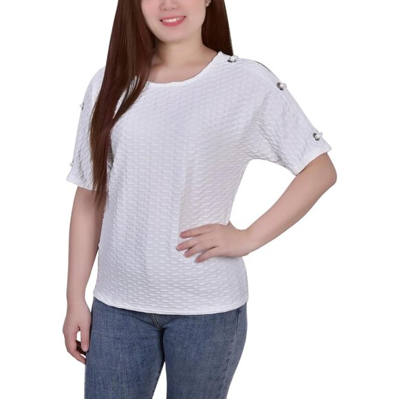 NWT Ny Collection Womens Petites Honeycomb Embellished Blouse PHOU1641 White PL - Picture 1 of 5